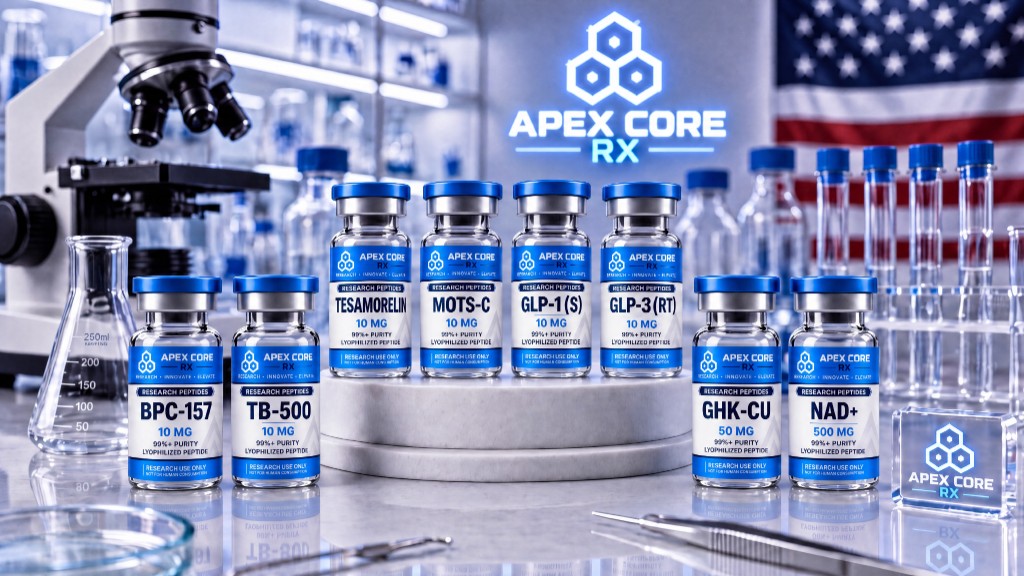 Apex Core RX research peptides lined up in the lab